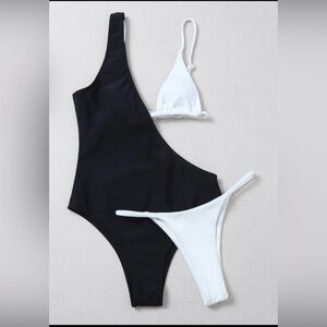3 piece bathing suit ribbed white black trendy style Size Large NWT